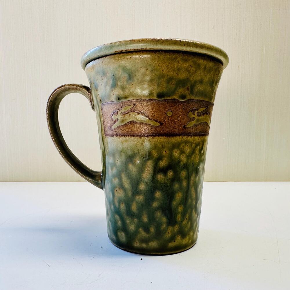 Vintage Stoneware Coffee Tea Mug Lid Textured Green Glaze Bunny Rabbit Hare